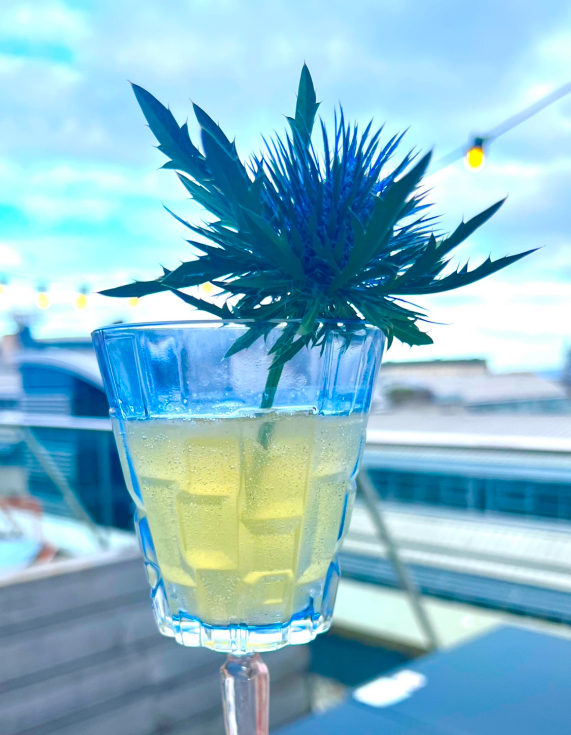 A blue glass with a yellow drink and a blue flower in it.